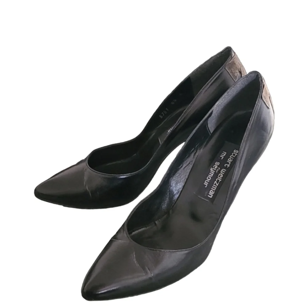 MR SEYMOUR STUART WEITZMAN VTG Black Leather Pumps 8.5 Pointed Heel Minimalist